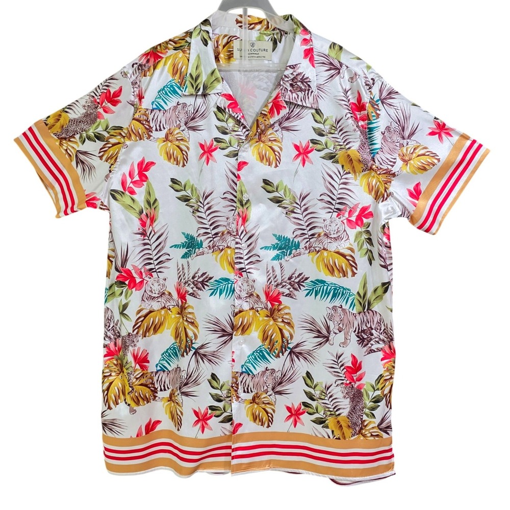 Suslo Couture Tropical Tiger Print Shirt Mens XXL White Short Sleeve Excellent